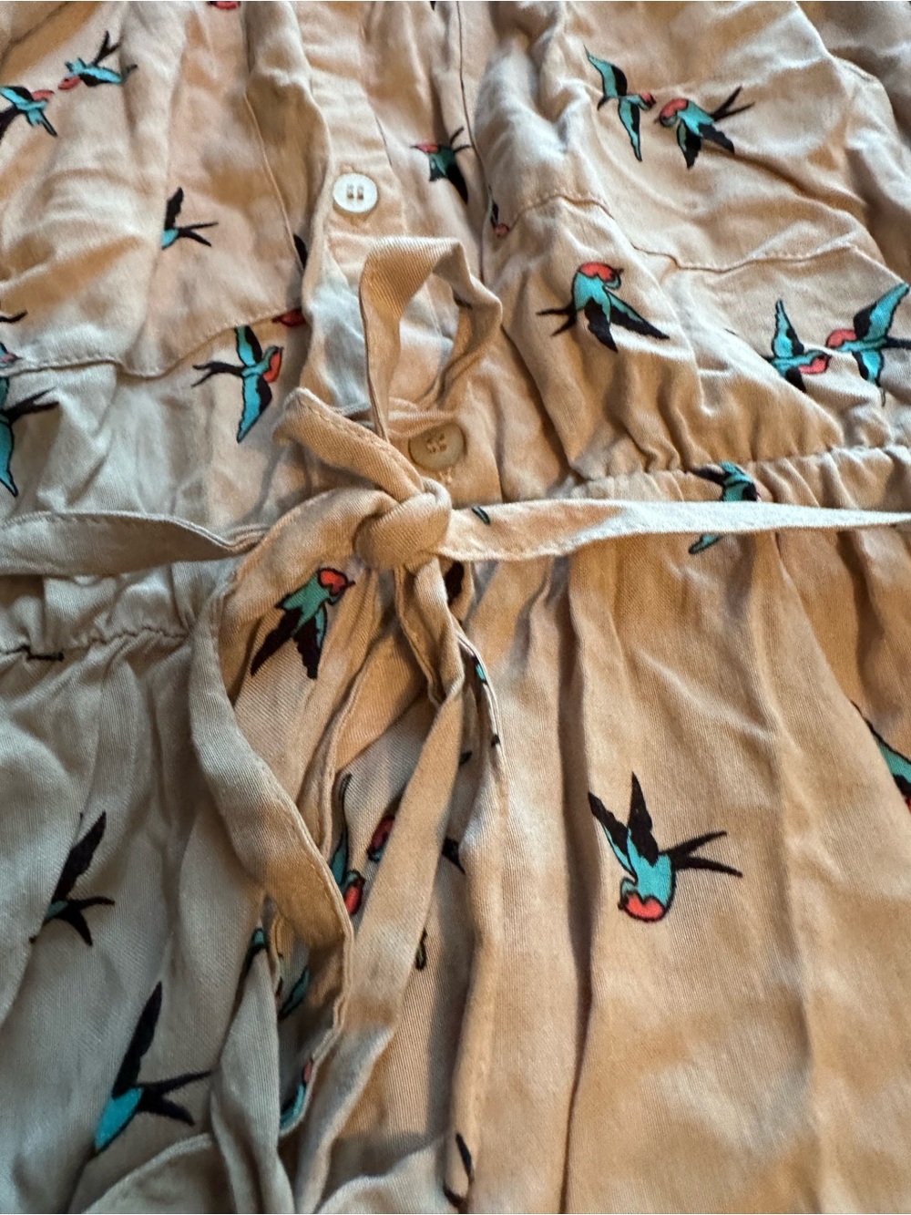 H&M Divided Bird Print Shirt Dress Women’s US 10 Beige Tie Waist Button Front - Picture 4 of 6